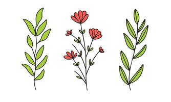 Set of hand drawn floral element in colored outline style. Doodle flowers isolated on white background. Hand drawn vector art.