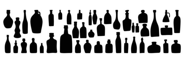 Large set of silhouette bottles isolated on white background. Hand drawn vector art.