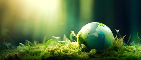 AI generated Green Globe On Moss - Environmental Concept. created with Generative AI photo