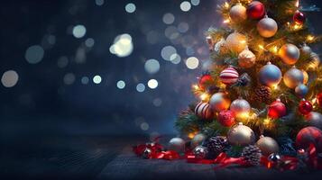 AI generated Blurred Shiny Lights and Baubles Adorning Christmas Tree with Bokeh Effect. created with Generative AI photo