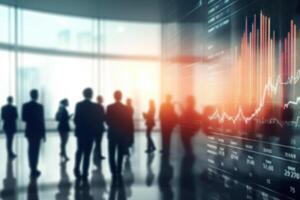 AI generated Blurred Business People in a Modern Office with Real-Time Stock Market Data.created with Generative AI photo