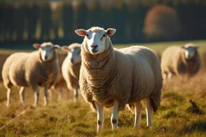 ai generado sereno oveja pasto en lozano pasto granja en el campo. creado con generativo ai foto