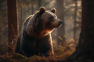 AI generated Bear Standing Still in the Serene Forest. created with Generative AI photo