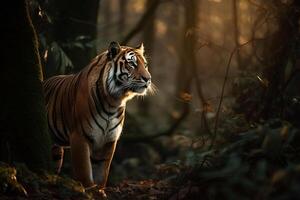 AI generated Majestic tiger standing still in the forest. created with Generative AI photo