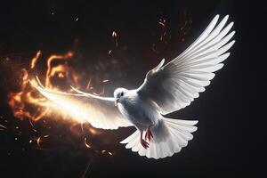 AI generated Flying White Dove with Fiery Glow on a Dark Background, Embodying Peace and the Gifts of the Holy Spirit. created with Generative AI photo