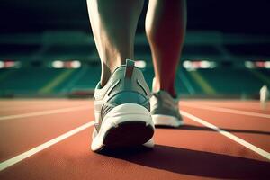 AI generated Close-up of man's sport sneakers and legs in motion. created with Generative AI photo