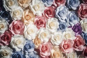 AI generated Colorful Paper Roses as a Vibrant Backdrop for your Next Event. created with Generative AI photo