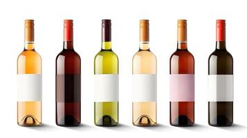 AI generated Collection of blank wine bottles mockup on white background for product branding and advertising. created with Generative AI photo