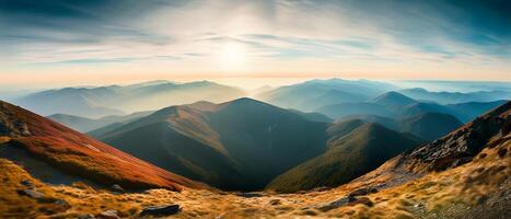 ai generado un asombroso ver de el majestuoso montaña paisaje a puesta de sol. creado con generativo ai foto