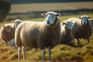 AI generated Serene Sheep Grazing on Lush Pasture Farm in the Countryside. created with Generative AI photo