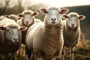 AI generated Serene Sheep Grazing on Lush Pasture Farm in the Countryside. created with Generative AI photo
