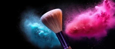 ai generado vistoso maquillaje nube creado por rosado y azul polvo cepillos en blanco fondo.. creado con generativo ai foto