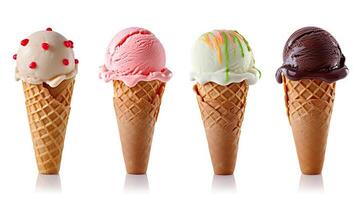 AI generated Assorted ice cream scoops in waffle cones, isolated on white background. created with Generative AI photo