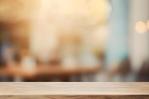 AI generated Wood Table in Restaurant with Bokeh Background. created with Generative AI photo