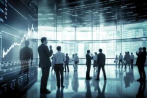 AI generated Blurred Business People in a Modern Office with Real-Time Stock Market Data.created with Generative AI photo
