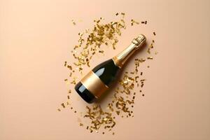 ai generado celebrar con champán botella de champán con oro Brillantina. creado con generativo ai foto