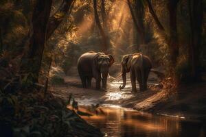 AI generated Elephants in Serene Forest Stream in their Natural Habitat. created with Generative AI photo