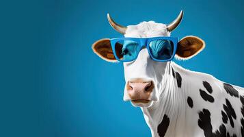 AI generated Chillin' Bovine Hilarious Cow Rocking Sunglasses in the Spotlight of a Vibrant Blue Studio. created with Generative AI photo