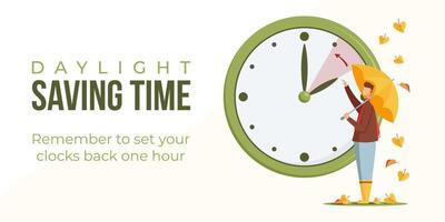 Daylight saving time end concept web banner, poster. Fall back. Reminder schedule about changing time. Man with umbrella turning hour back on minimalist clock. vector