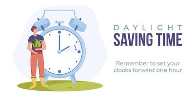 Daylight saving time begins. Spring forward web banner, poster. Vector illustration with alarm clock in minimalist style and man with pot of flower in hands in flat style.