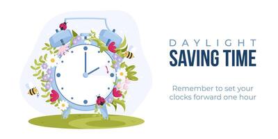 Daylight saving time concept. Spring forward. Clock set to the summertime. Web banner of clock turning hour ahead with spring flowers, bees and ladybugs decoration. vector