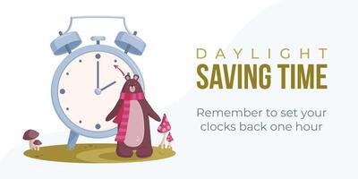 Daylight saving time end concept. Fall back web banner, poster. Vector illustration with bear in scarf turning alarm clock hour hand backward.