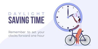 Daylight saving time begins. Spring forward web banner, poster. Vector illustration with african american man turning clock hour ahead, man on bicycle.