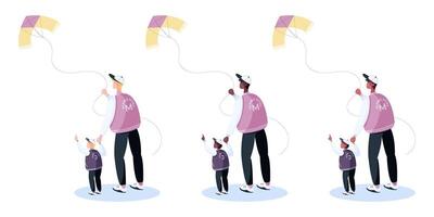 Father and son in baseball jackets flying a kite, outdoor activity. Different ethnicities people set in flat style. Family weekend vector illustration.