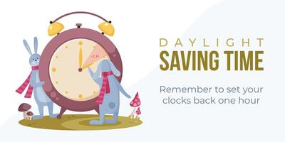 Daylight saving time end concept web banner, poster with two hares. Fall back. Reminder schedule about changing time. Rabbits in scarfs turning hour back on alarm clock. vector