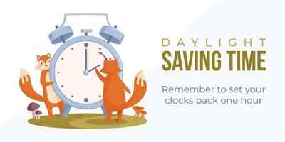 Daylight saving time ends.Fall back web banner, poster. Vector illustration with foxes turning alarm clock hand an hour backward.