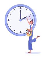 Daylight saving time and clock change to one hour ahead concept. Spring forvard flat style vector illustration with happy girl with flowers changing time.