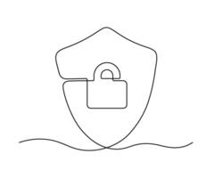 Shield with padlock, continuous one line drawing. Security and protection, safe information on lock. Vector outline illustration