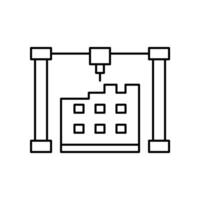 Printing modular city house construction, line icon. Building home from prefabricated panels. Modern prefab fast technology in building and architecture. Editable stroke. Vector outline illustration