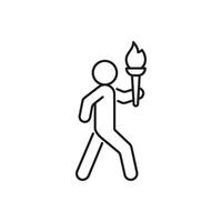 Olympic torch with fire in hands of person, line icon. Burning torch symbol of Olympic games. Competition of athletes in sport for winning champion. Flame of victory. Vector outline illustration