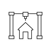 Printing modular house construction, line icon. Building home from prefabricated panels. Modern prefab fast technology in building and architecture. Editable stroke. Vector outline illustration