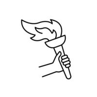 Torch with fire in hand, line icon. Burning torch symbol of sport games. Competition of athletes in sport for winning champion. Flame of victory. Vector outline illustration