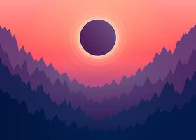 Solar eclipse in nature with mountain. Moon shading sun. Eclipse phase with formation total umbra. Vector illustration