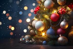 AI generated Blurred Shiny Lights and Baubles Adorning Christmas Tree with Bokeh Effect. created with Generative AI photo