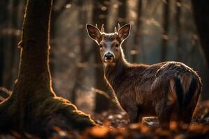 ai generado elegante ciervo en crepúsculo bosque. creado con generativo ai foto