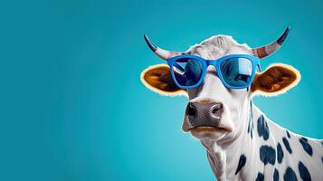 ai generado relajándose bovino divertidísimo vaca balanceo Gafas de sol en el destacar de un vibrante azul estudio. creado con generativo ai foto