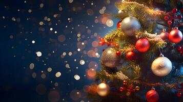 ai generado borroso brillante luces y adornos adornando Navidad árbol con bokeh efecto. creado con generativo ai foto