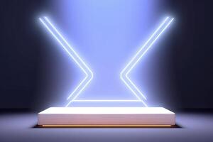 AI generated Neon White Lights Podium Display Realistic 3D Rendering. created with Generative AI photo