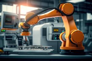 AI generated Smart Industrial Automation Advanced Robotic Arm in Modern Factory. created with Generative AI photo
