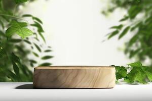 AI generated Natural Wooden Product Display Podium with Blurred Leafy Background - 3D Rendering. created with Generative AI photo