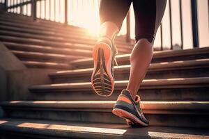 AI generated Runner Athlete's Feet Conquering Stairs with Sunlight, Training to Become a Winner with a Self-Challenge Theme. created with Generative AI photo