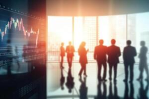 AI generated Blurred Business People in a Modern Office with Real-Time Stock Market Data.created with Generative AI photo
