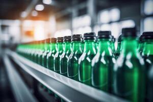 AI generated Efficient Bottling Process Line of Beverages Bottled in Plastic, Illuminated Factory Setting. created with Generative AI photo