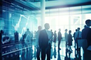 AI generated Blurred Business People in a Modern Office with Real-Time Stock Market Data.created with Generative AI photo