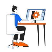 Mechanical technician sitting at computer 2D linear cartoon character. Caucasian male automotive engineer isolated line vector person white background. Cogwheel designer color flat spot illustration