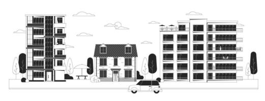 Downtown condominiums black and white cartoon flat illustration. Condos house. Car riding street. Front building exterior 2D lineart object isolated. Real estate monochrome scene vector outline image